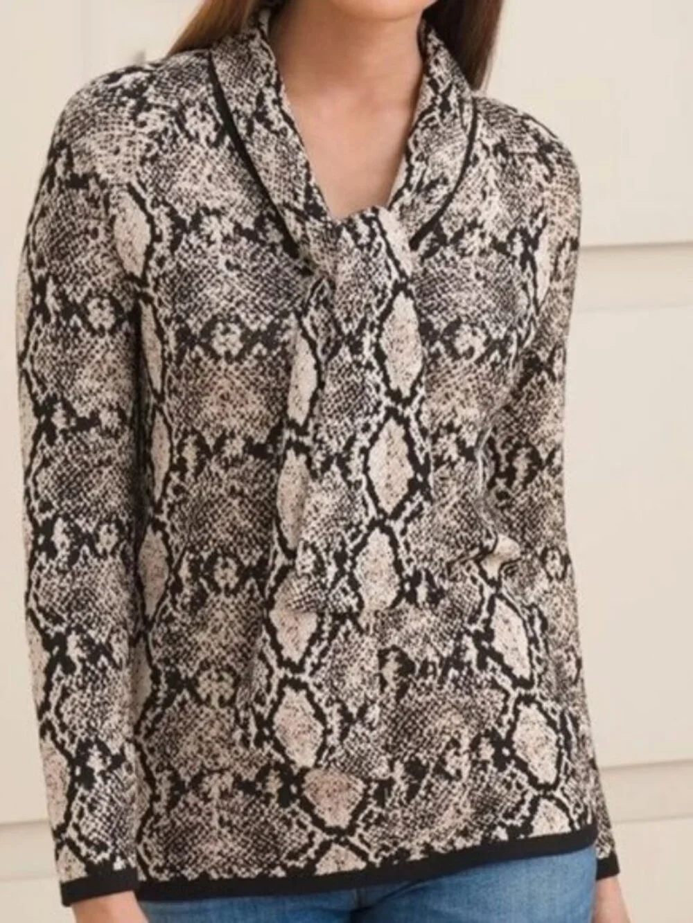 Chico’s Python Print Tie Neck Double Espresso Sweater-NWT